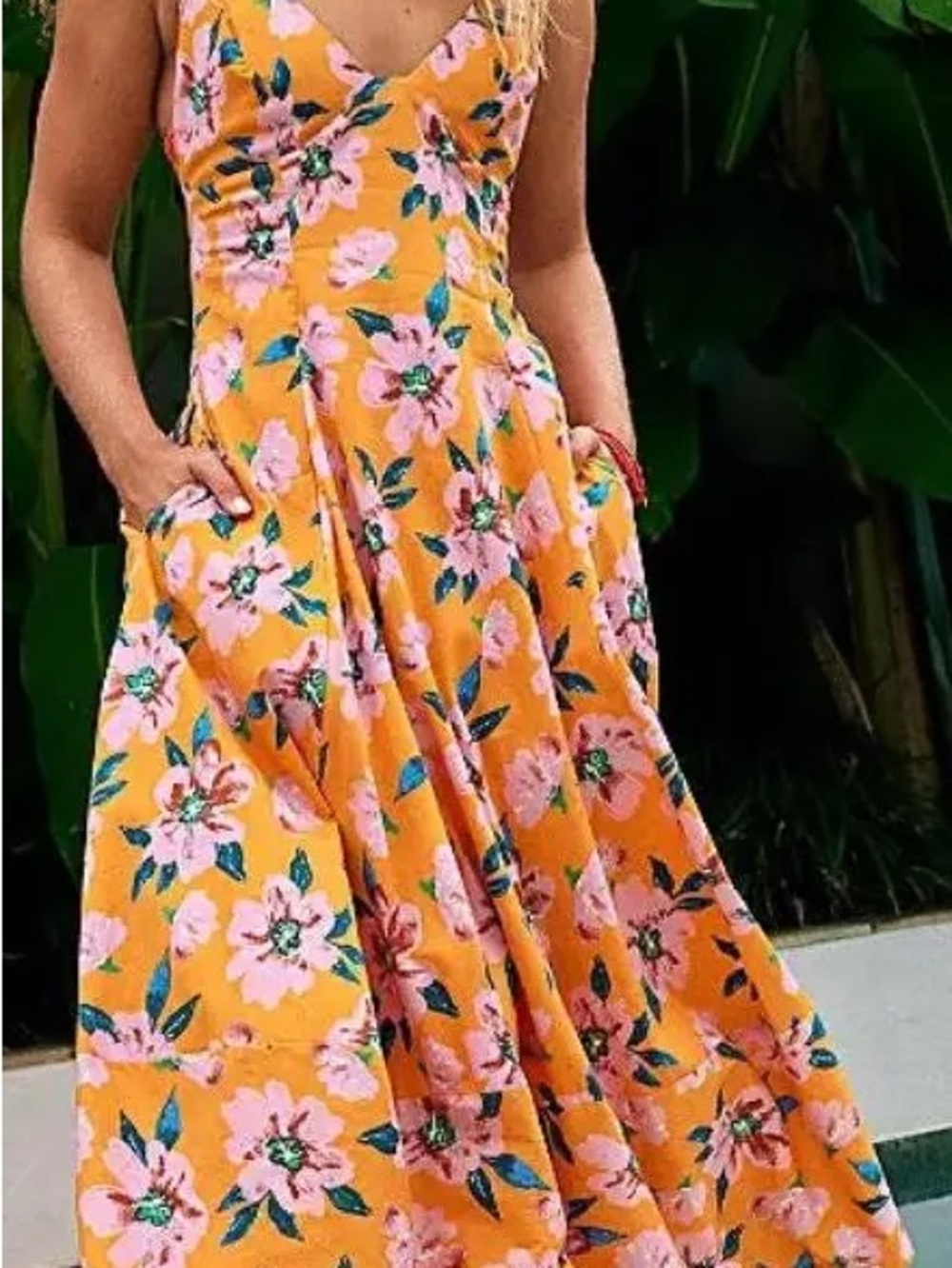 Free People Orange Floral Maxi Dress with Pink Blooms